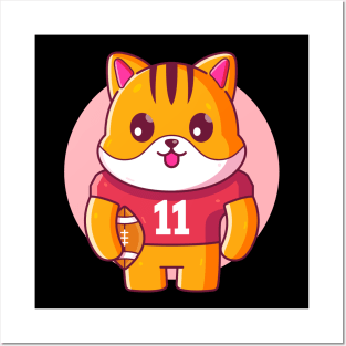 Cute Cat Rugby American Football Posters and Art